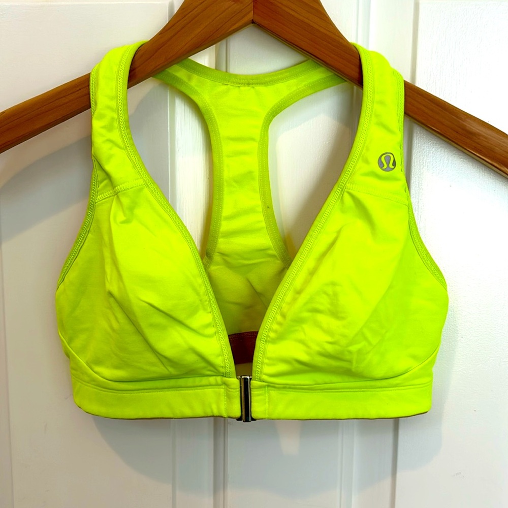 Lululemon Neon Yellow Racerback Plunge Front Close Sports Bra 34D